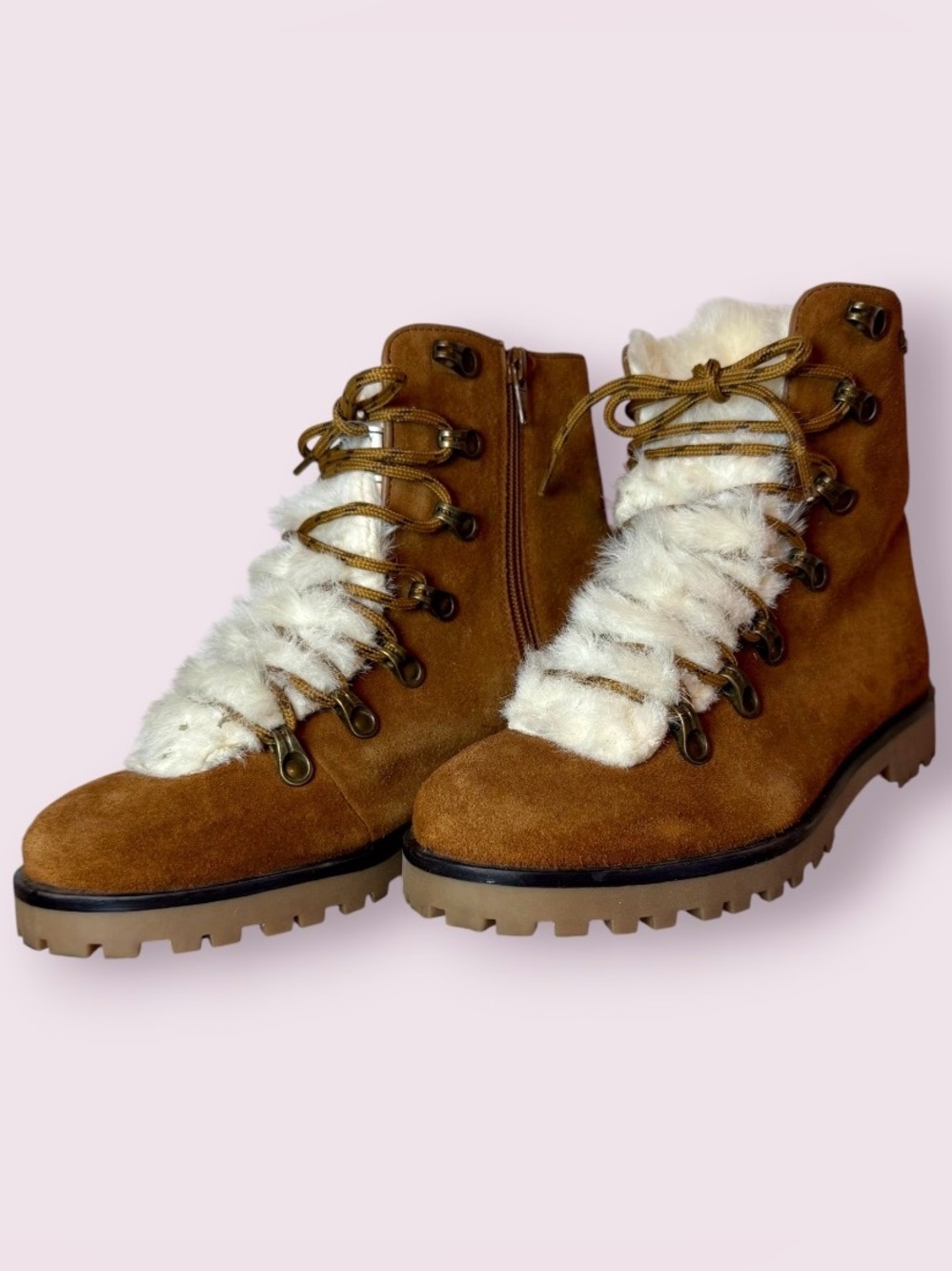 Bearpaw Women's Vanna Lace-Up Boots Brown Suede Cream Fur Size 8